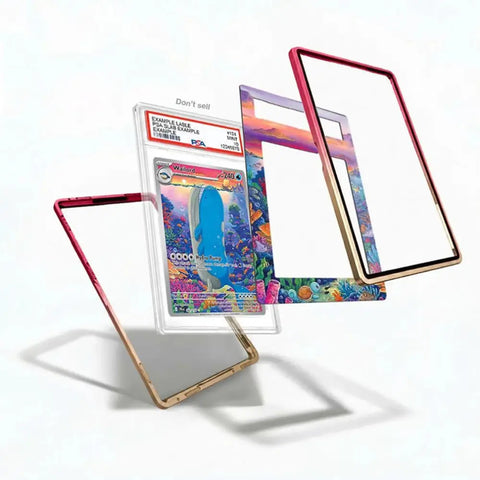 Colorful trading card with protective case on a white background