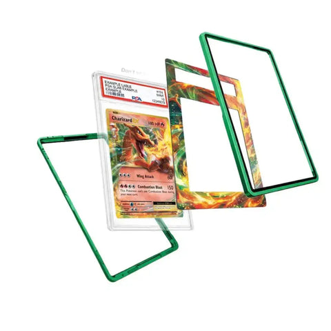 Three green-framed protective cases for Pokémon Charizard cards are displayed around a graded PSA-10 Charizard card on a plain white background.