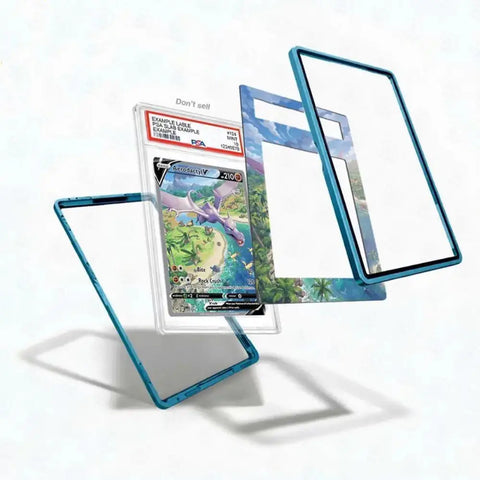 A clear protective case with a metallic teal-blue border, shown in multiple angles around a graded Pokémon TCG card. The card is displayed inside the case, with the case floating open behind it on a clean white background.