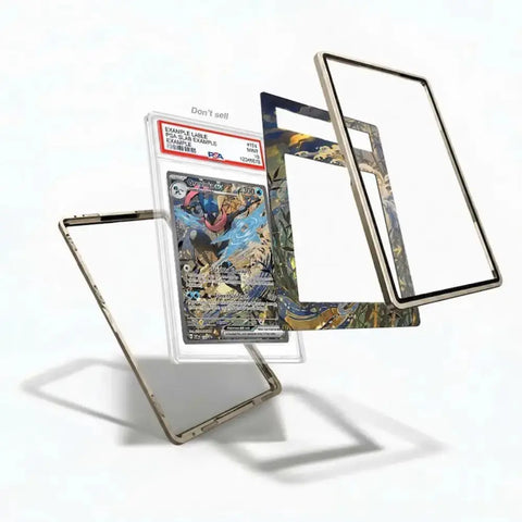 A clear protective case frame shown disassembled around a graded holographic Pokémon TCG card, with the card partially visible inside the assembled case on a clean white background.