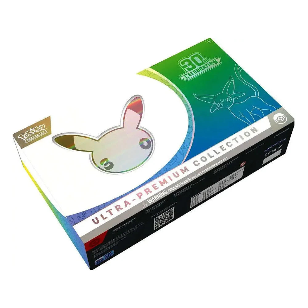 Pokémon Ultra Premium 30th Anniversary 3D Collectible Card Box featuring a holographic Pikachu design on a white, green, and blue gradient box.