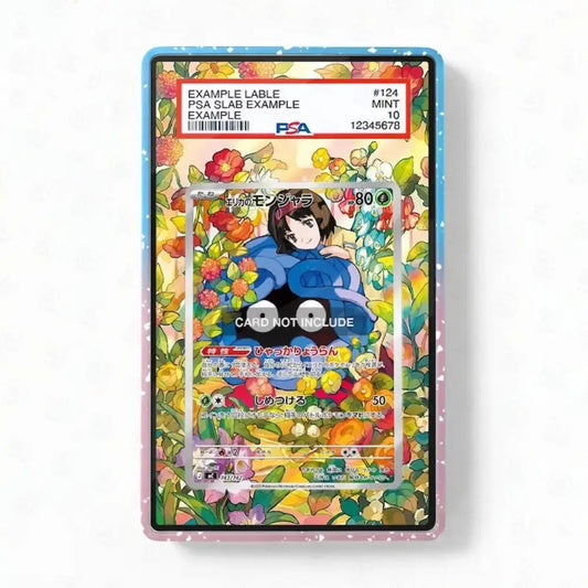 A PSA-verified collectible card slab with a colorful floral border and anime character artwork, shown on a plain light background. The slab includes a visible PSA label at the top and a clear window over the card area.