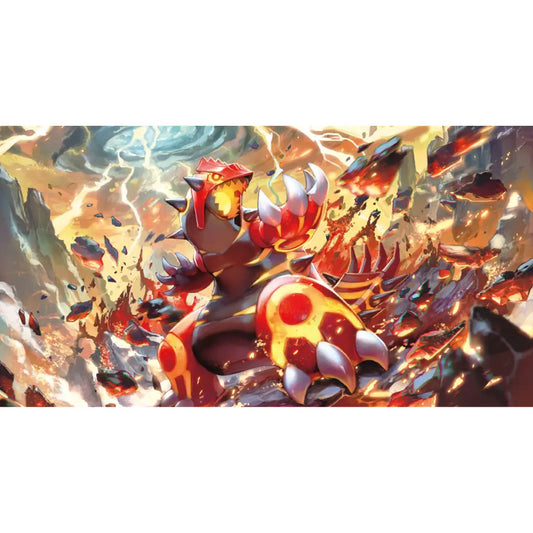 primal groudon pokemon erupting from lava with lightning volcanic battle scene legendary fire ground type