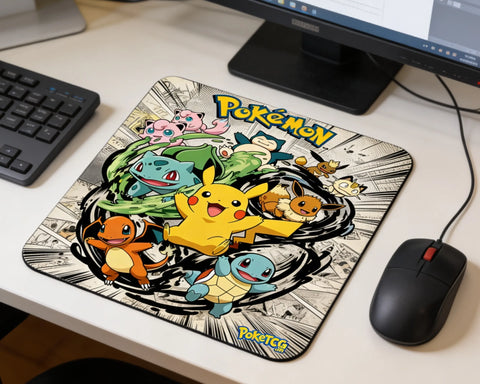 Pokémon anime mouse pad featuring Pikachu, Bulbasaur, Charmander, Squirtle, Eevee, Snorlax, and Jigglypuff on minimalist desk setup