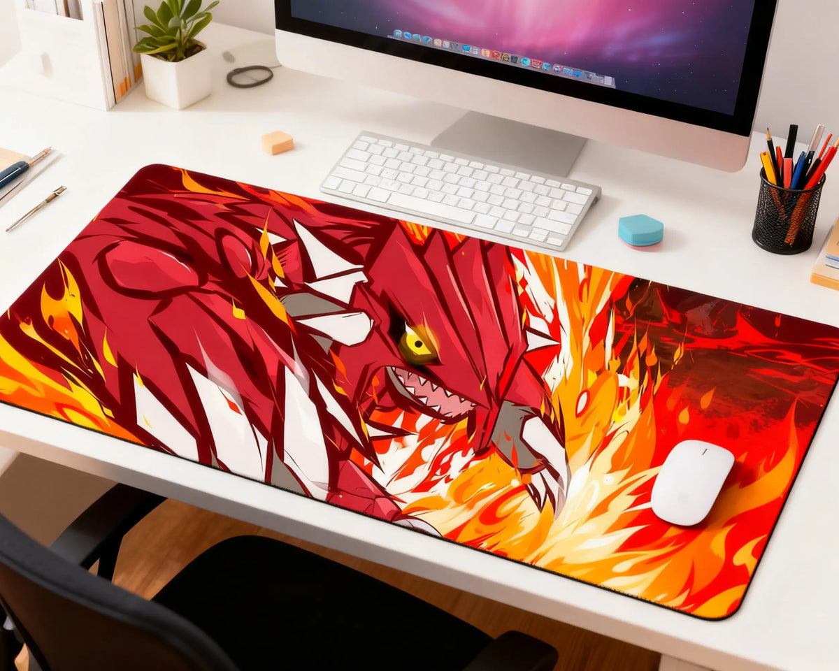extended dragon design mouse pad on minimalist office desk with computer keyboard and accessories