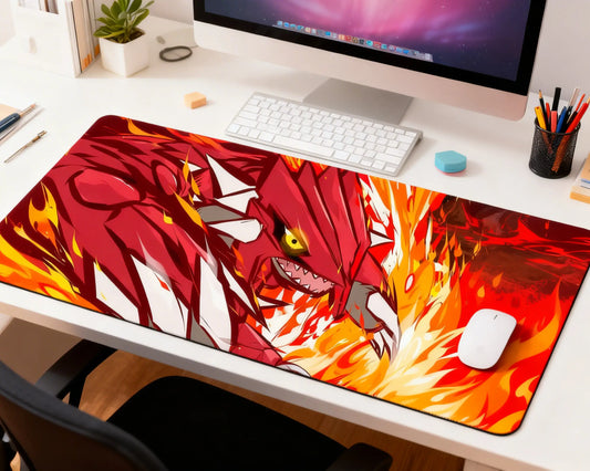 extended dragon design mouse pad on minimalist office desk with computer keyboard and accessories