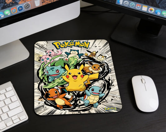 Cute Pokémon themed mouse pad with Pikachu and classic starter Pokémon placed beside wireless mouse and dual monitor setup