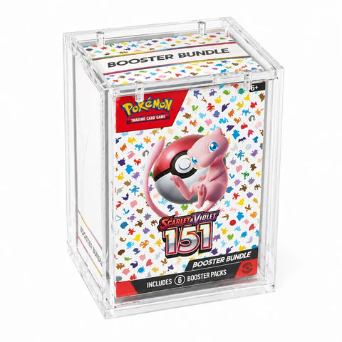 Pokémon Scarlet & Violet 151 Booster Bundle in a clear acrylic display box, featuring a pink Jigglypuff illustration and colorful card pack artwork.