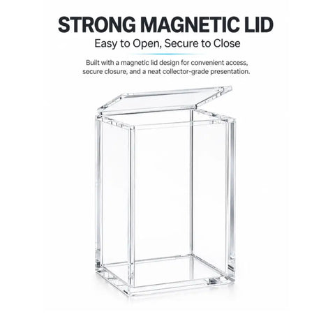 Clear acrylic display box with a hinged magnetic lid, shown on a white background with text highlighting the strong magnetic lid feature.