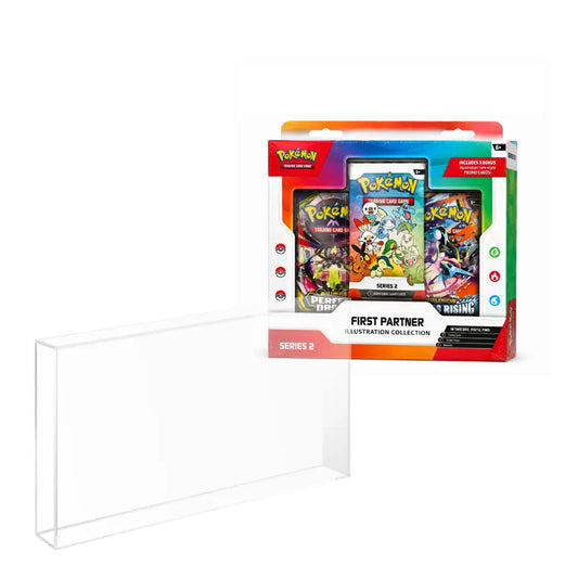 A clear acrylic display stand shown in front of its retail packaging on a white background. The packaging is labeled 'Pokémon First Partner Illustration Collection Series 2'.