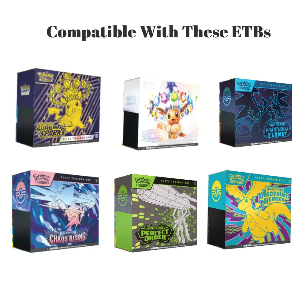 A collage of six Pokémon trading card booster boxes arranged in two rows on a white background, with the text 'Compatible With These ETBs' above. The boxes feature different Pokémon characters and designs, including Pikachu, Eevee, Lugia, Chaos Rising, Perfect Order, and the Ascended Heroes.