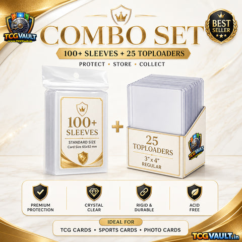 TCG Vault combo set containing 100+ standard size sleeves and 25 toploaders, displayed on a cream and gold marble background with product details and feature icons.