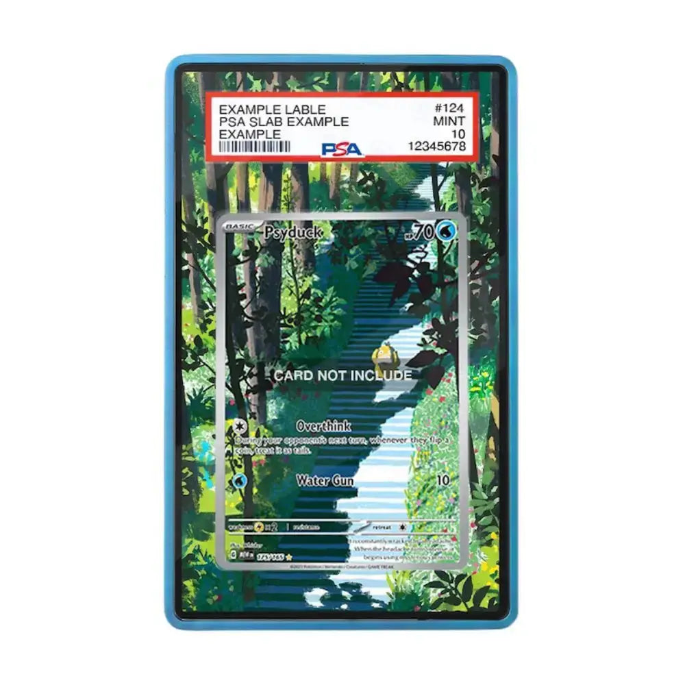 A PSA graded slab containing a Pokémon card example, with the slab itself featuring a forest illustration and a red header label. The PSA logo and grading text are visible on the top portion.