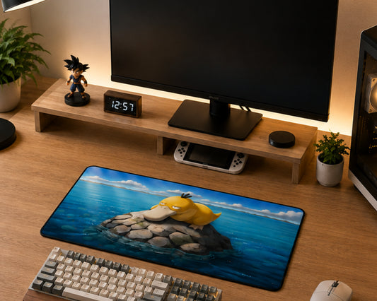 A large desk mat featuring a colorful printed illustration of a yellow creature on blue rocks in the water, shown on a wooden desk in a styled home office setup with a keyboard, mouse, monitor, and small plants.