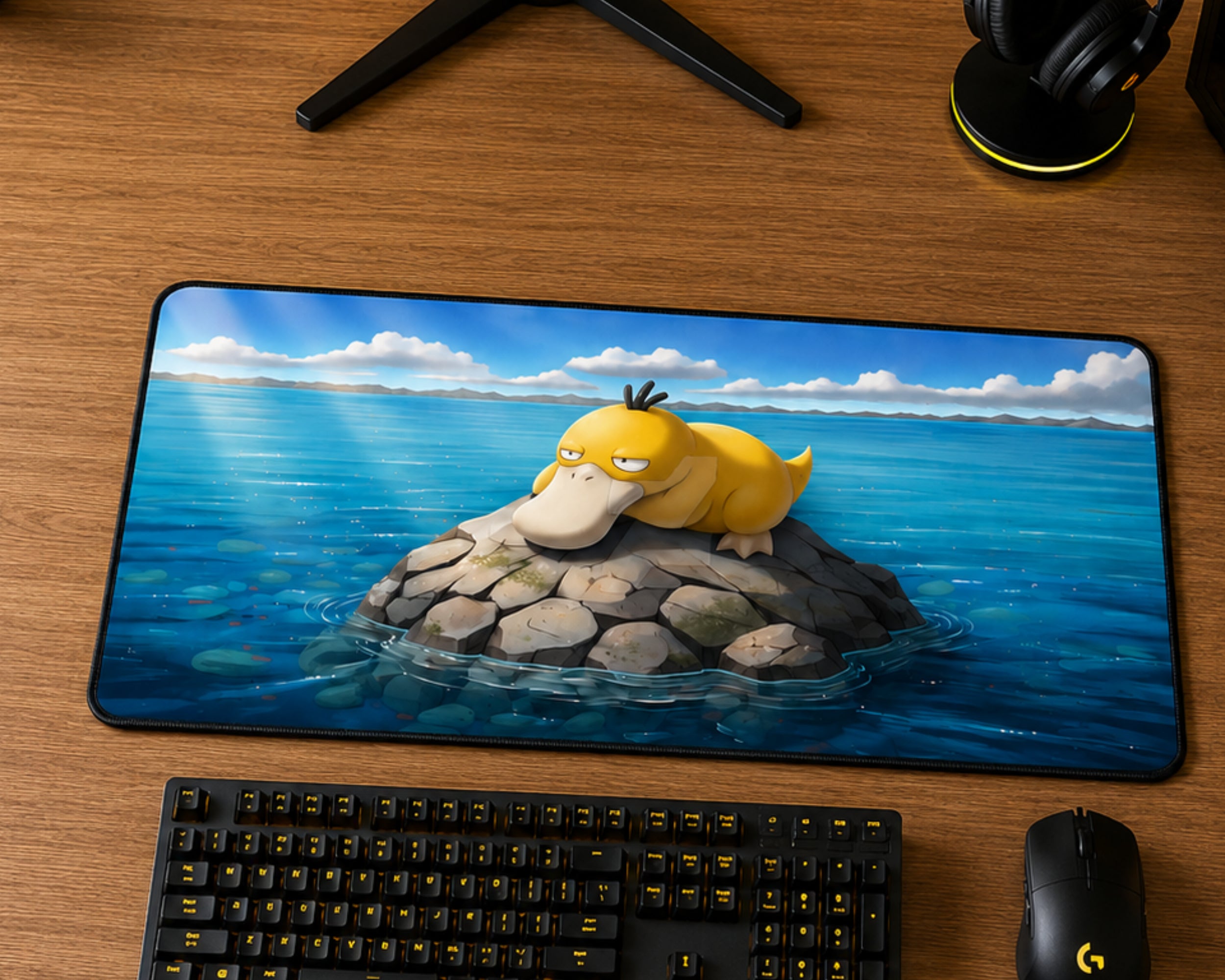 A large desk mat featuring a printed illustration of Psyduck resting on a rock in blue water under a cloudy sky, shown on a wooden desk with a keyboard, mouse, and headphones nearby.