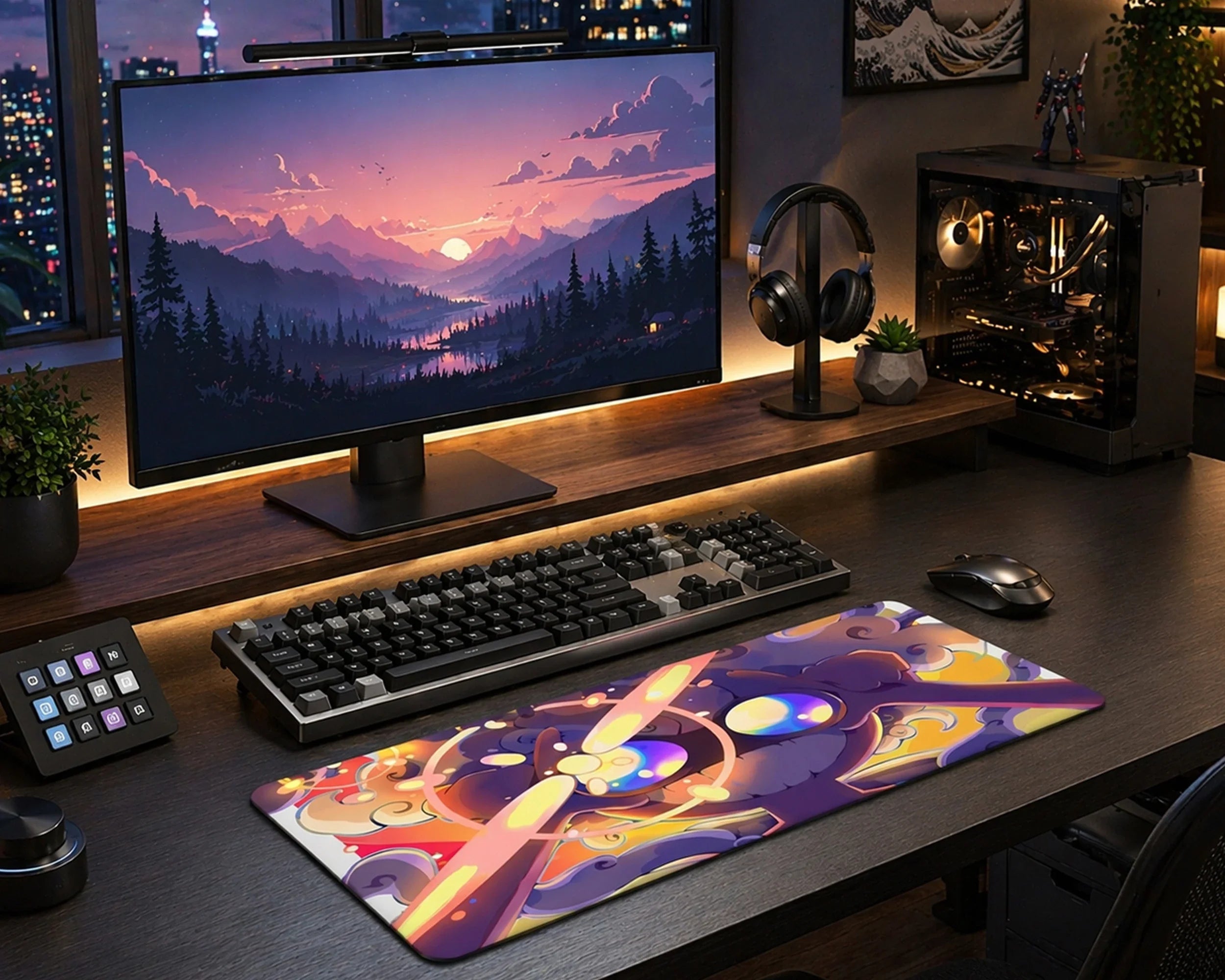One Piece Gear 5 Luffy desk mat with vibrant abstract energy art RGB gaming setup aesthetic