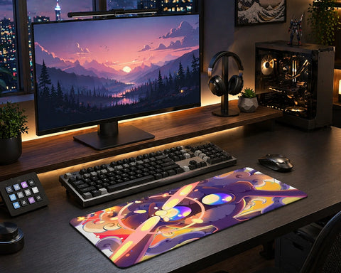 One Piece Gear 5 Luffy desk mat with vibrant abstract energy art RGB gaming setup aesthetic