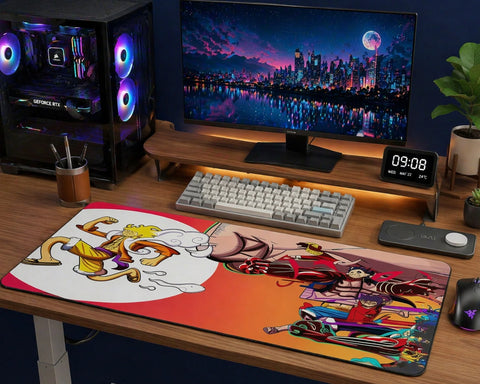 RGB gaming setup with ultra-wide monitor and One Piece anime desk mat showing Gear 5 Luffy and action scene artwork