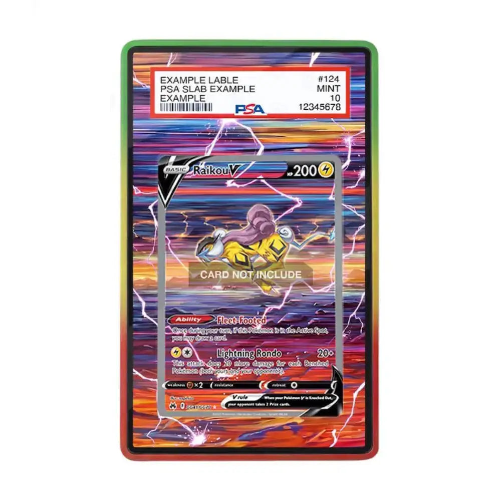 A PSA graded slab card showing a colorful holographic Pokémon trading card design with a green border and a PSA authentication label at the top, photographed on a plain white background.