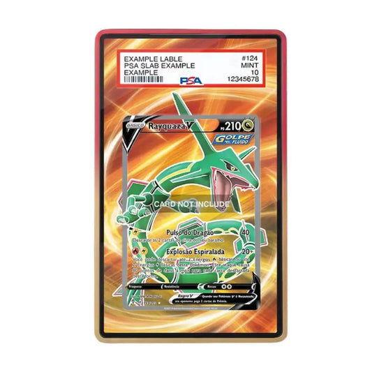 A PSA graded holographic Pokémon TCG card featuring Rayquaza, sealed inside a PSA slab with a red and gold border, shown against a plain white background.