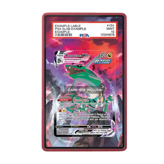 A PSA graded protective card sleeve with a red border, containing an example holographic trading card insert. The top label shows PSA branding and grading details.