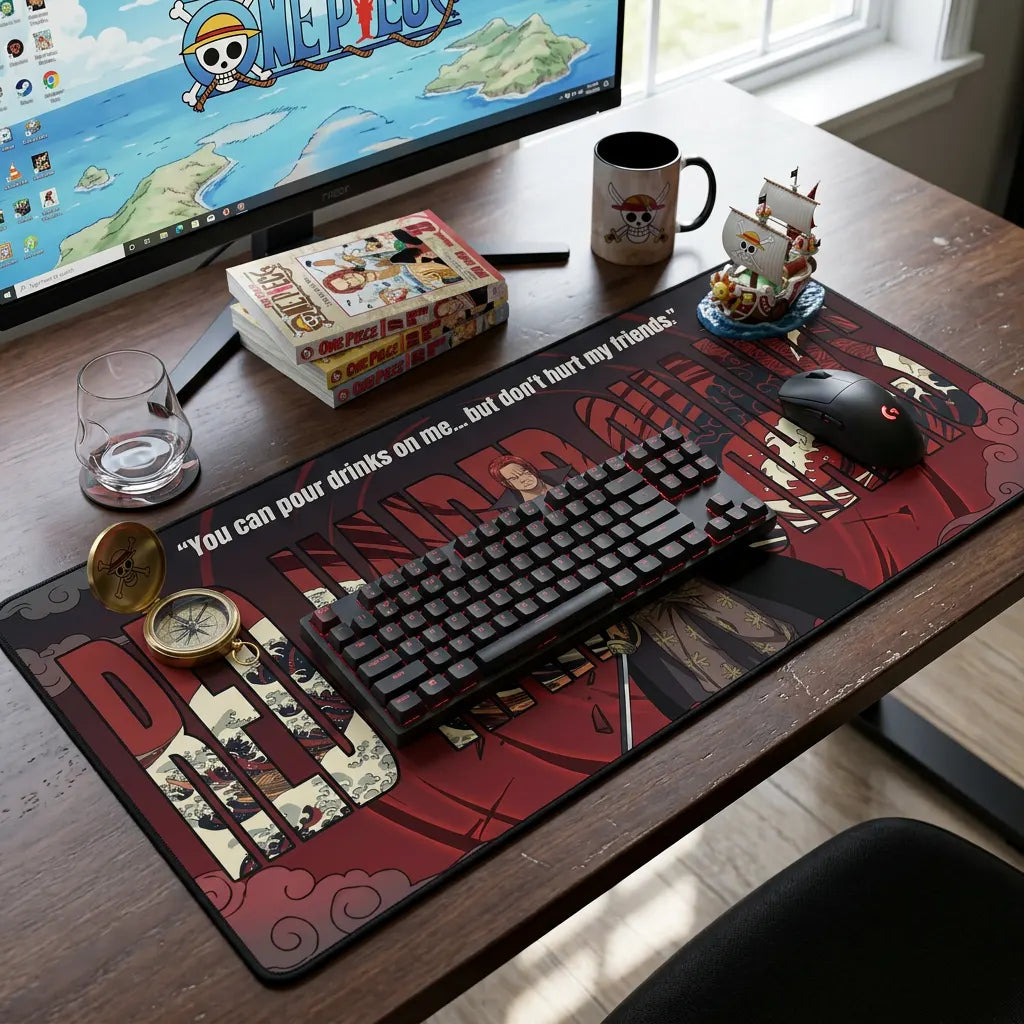 Gaming desk setup with Red Hair Shanks anime mouse pad, mechanical keyboard, monitor, One Piece manga, and pirate ship figure.