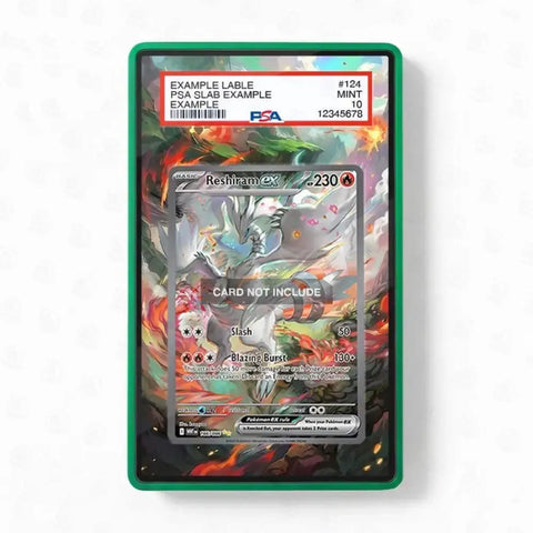 Pokémon trading card in a protective case on a white background