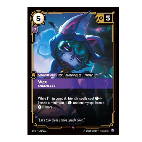 Card featuring a character named Vex with game text and symbols on a dark background