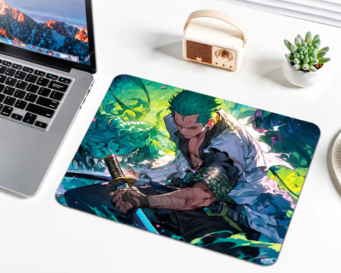 Roronoa Zoro from One Piece with spiky green hair, a white cloak, and a katana sword against a vibrant tropical background featuring emerald foliage, teal shadows, and bright yellow-green sunlight on a gaming mouse pad.