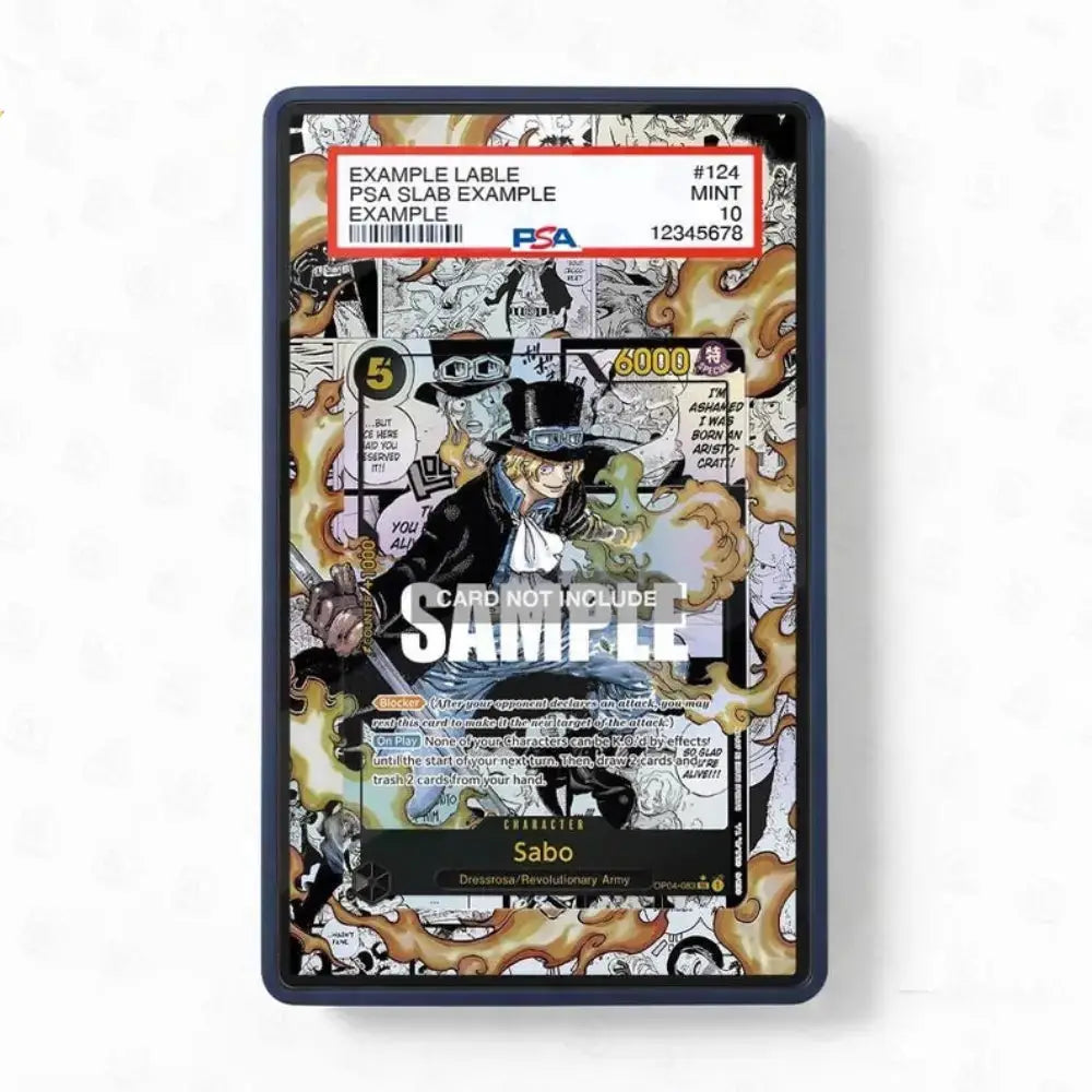 A PSA-certified slab containing a collectible anime trading card, featuring a detailed illustration of Sabo from One Piece on a white background.