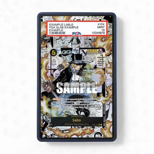 A PSA-certified slab containing a collectible anime trading card, featuring a detailed illustration of Sabo from One Piece on a white background.