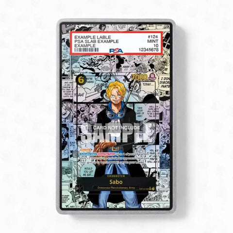 A collectible anime trading card featuring the character Sabo from One Piece, displayed inside a PSA grading slab with a visible PSA label at the top.