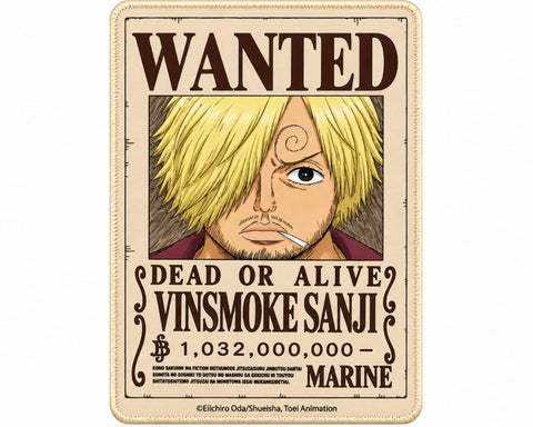 Vinsmoke Sanji One Piece gaming mouse pad featuring a vintage Wanted Dead or Alive bounty poster, blonde-haired Sanji with a cigarette, cream background, and dark-brown lettering.