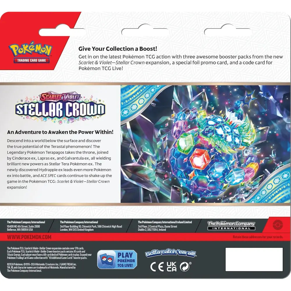 Pokemon TCG Scarlet & Violet Stellar Crown booster pack packaging back view with expansion details – English | TCGVault