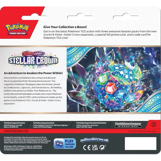 Pokemon TCG Scarlet & Violet Stellar Crown booster pack packaging back view with expansion details – English | TCGVault
