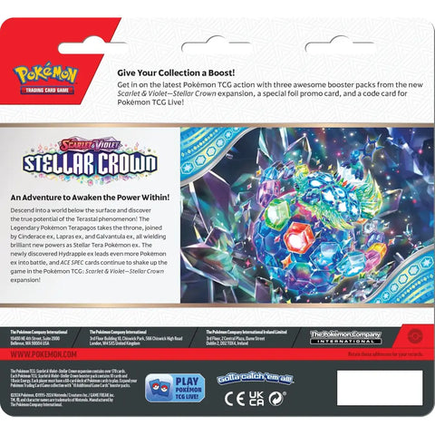 Pokemon TCG Scarlet & Violet Stellar Crown booster pack packaging back view with expansion details – English | TCGVault