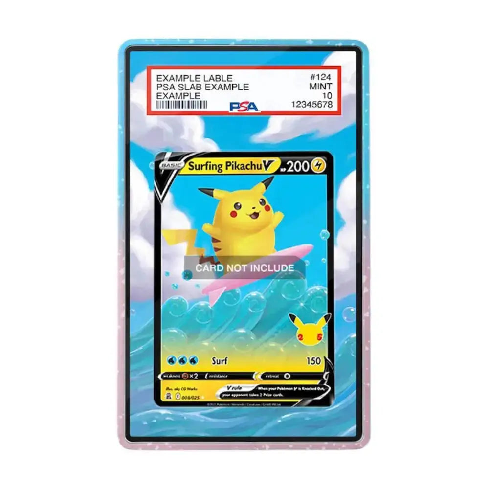 A PSA graded clear protective card sleeve shown on a white background, containing an example Pikachu surfing card with a PSA slab label at the top.