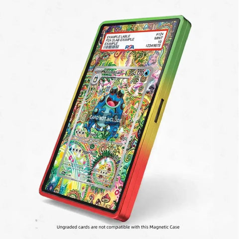 A magnetic phone case with a vibrant green-to-red gradient border, shown holding a highly detailed, colorful card. The card features a blue cartoon character and intricate patterns.