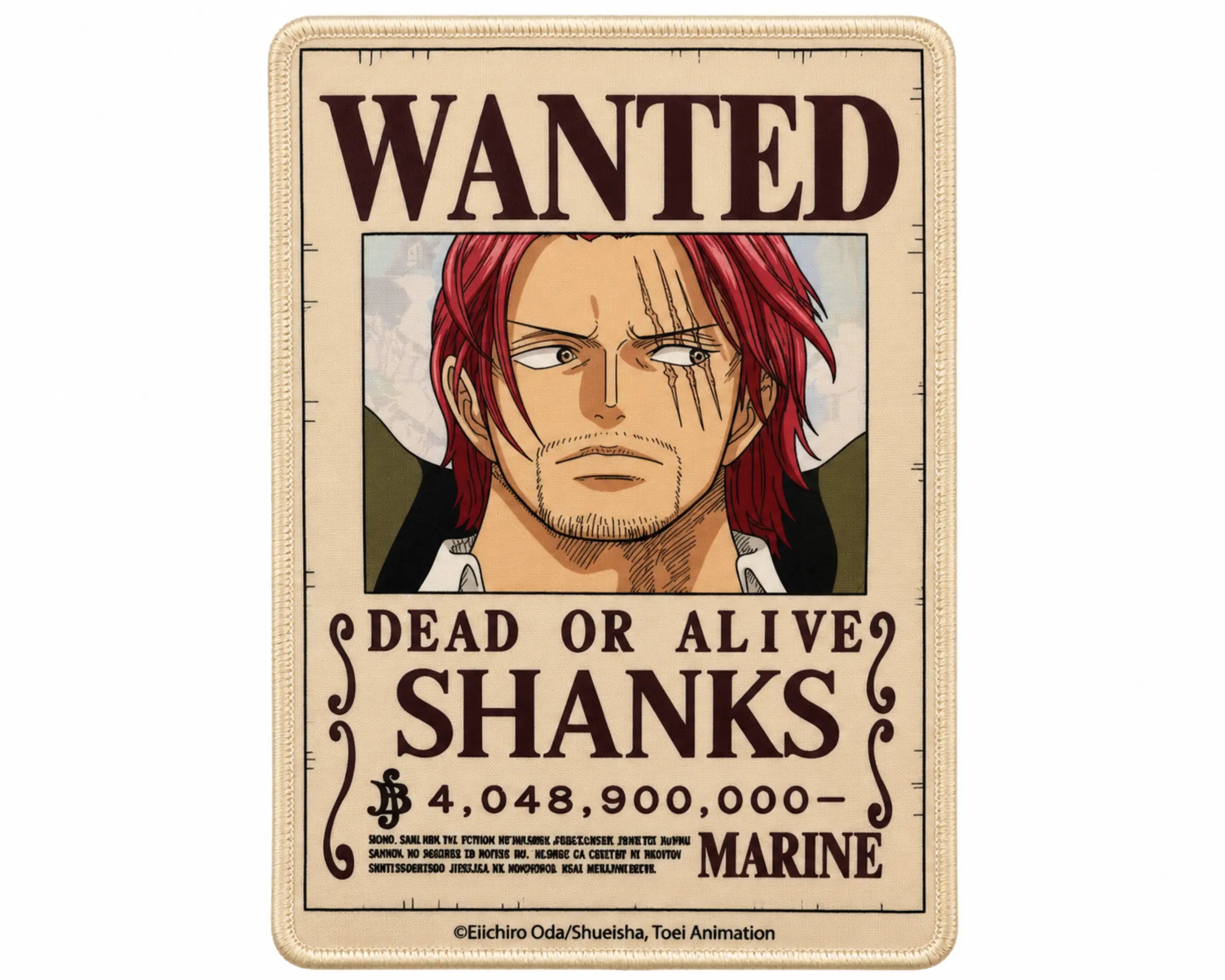  Shanks One Piece gaming mouse pad featuring a vintage Wanted Dead or Alive bounty poster, red-haired Shanks portrait, cream background, and dark-brown lettering.