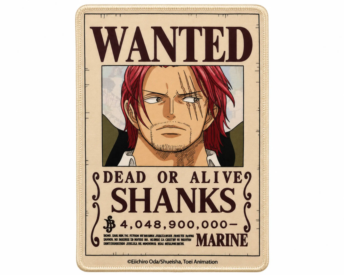  Shanks One Piece gaming mouse pad featuring a vintage Wanted Dead or Alive bounty poster, red-haired Shanks portrait, cream background, and dark-brown lettering.