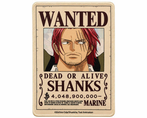  Shanks One Piece gaming mouse pad featuring a vintage Wanted Dead or Alive bounty poster, red-haired Shanks portrait, cream background, and dark-brown lettering.
