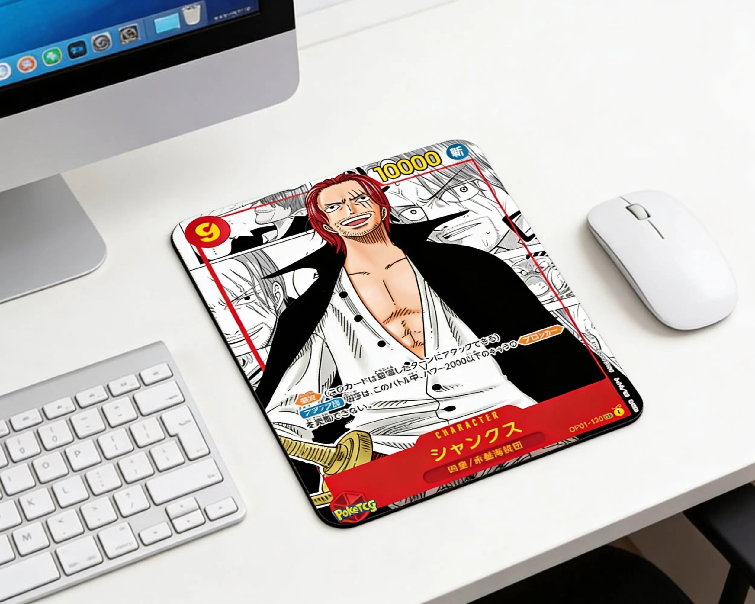 One Piece Shanks trading card style mouse pad on clean white desktop setup with Apple keyboard and mouse