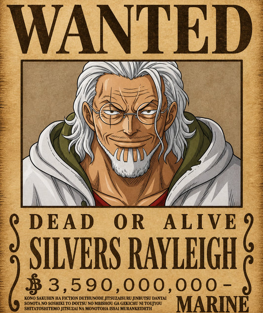 Vintage style Silvers Rayleigh wanted poster artwork featuring detailed anime portrait with old paper texture design