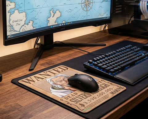 Silvers Rayleigh wanted poster anime mouse pad on dark wooden gaming desk with mechanical keyboard and gaming mouse