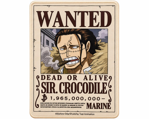 Sir Crocodile One Piece gaming mouse pad featuring a vintage Wanted Dead or Alive bounty poster, cigar-smoking character portrait, cream background, bold brown lettering, and decorative border.