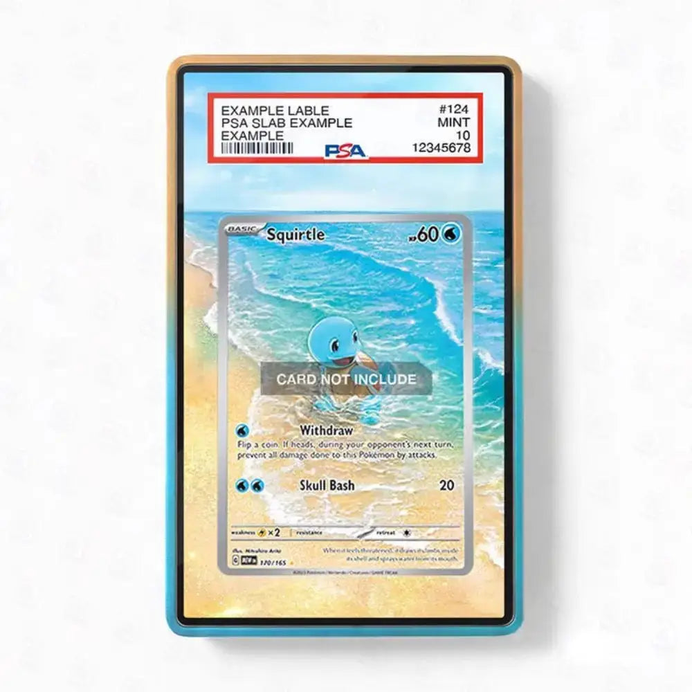 A PSA-graded sample Pokémon trading card slab showing a Squirtle card, with the PSA label visible at the top and a card placeholder insert in the center, photographed against a light neutral background.