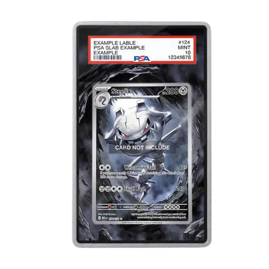 A PSA-graded clear protective case containing a Pokémon TCG card, with the PSA slab label visible at the top. The card artwork shows a silver-and-white creature on a dark gray background, and the slab label reads 'EXAMPLE CABLE PSA SLAB EXAMPLE' with grading details.