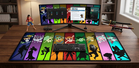 Extended One Piece mousepad featuring Straw Hat Pirates panel design, styled on a desk with keyboard, mouse, widescreen monitor, and anime figurine.