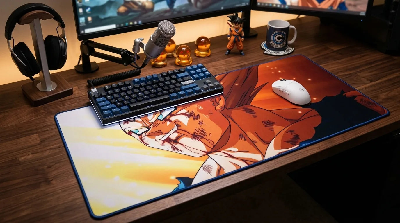 Streamer-style desk with Majin Vegeta desk mat, mechanical keyboard, microphone, headphones, and Dragon Ball-themed collectibles.