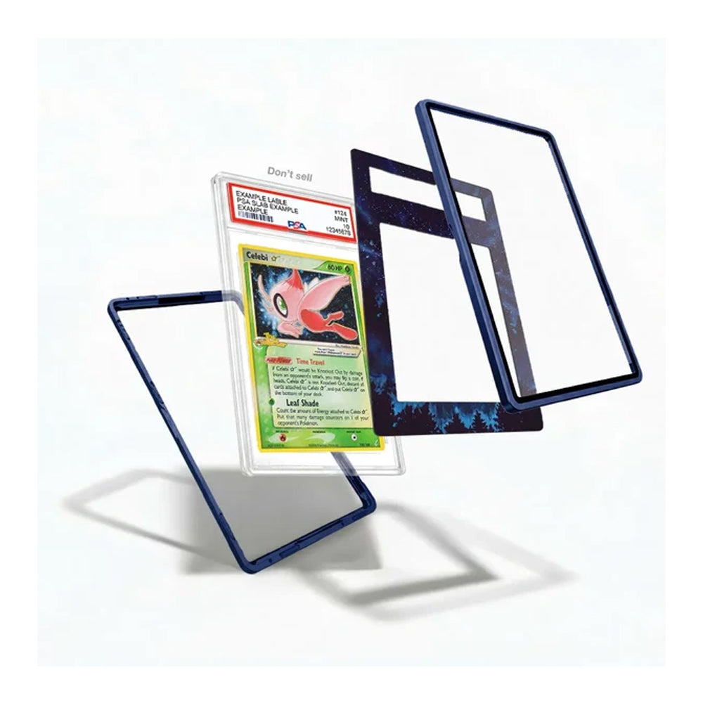 Celebi Star 100/100 Crystal Guardians collector display case showcasing the vintage Pokémon card with extended artwork